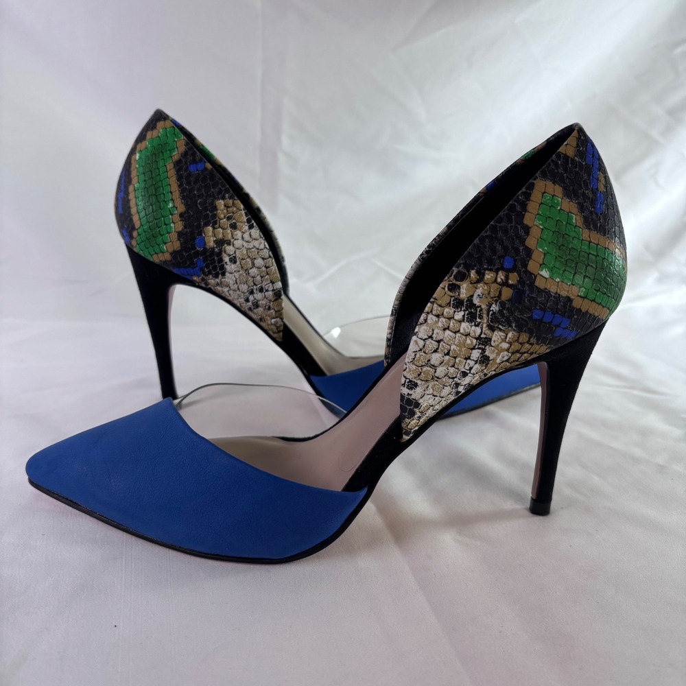 Mix No.6 Pumps Womens 8M Blue Snakeskin Clear d'Orsay Stiletto Pointed Toe Heels